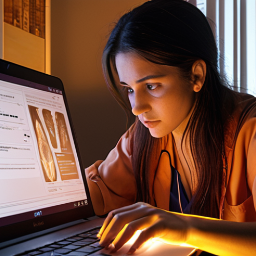 **

A radiographer (female) studying diligently at her desk, illuminated by the glow of a laptop screen displaying an online course interface. Textbooks and notes are scattered around her. The scene is warm and inviting, emphasizing focus and determination. Soft, diffused lighting.

**