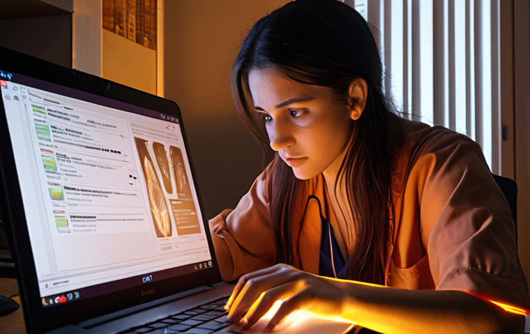 **

A radiographer (female) studying diligently at her desk, illuminated by the glow of a laptop screen displaying an online course interface. Textbooks and notes are scattered around her. The scene is warm and inviting, emphasizing focus and determination. Soft, diffused lighting.

**