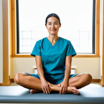 A professional female radiologist in a modest medical uniform, performing a gentle, mindful stretching exercise in a calm, well-lit break room within a modern hospital. Her posture is natural and relaxed, emphasizing self-care. The setting is clean and tranquil. fully clothed, appropriate attire, safe for work, perfect anatomy, correct proportions, natural pose, well-formed hands, proper finger count, professional photography, high quality, family-friendly.