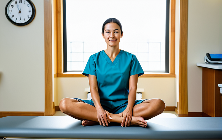 A professional female radiologist in a modest medical uniform, performing a gentle, mindful stretching exercise in a calm, well-lit break room within a modern hospital. Her posture is natural and relaxed, emphasizing self-care. The setting is clean and tranquil. fully clothed, appropriate attire, safe for work, perfect anatomy, correct proportions, natural pose, well-formed hands, proper finger count, professional photography, high quality, family-friendly.