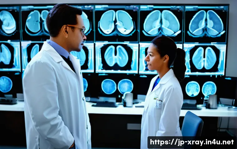 방사선사와 디지털 의료 혁신 - **AI-Assisted Diagnosis & Technologist's Expertise:**
    "A bright, modern radiology control room w...