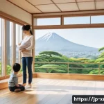 방사선 피폭 관리 방법 - A modern Japanese home interior with large windows open for ventilation, showing a family wearing ca...