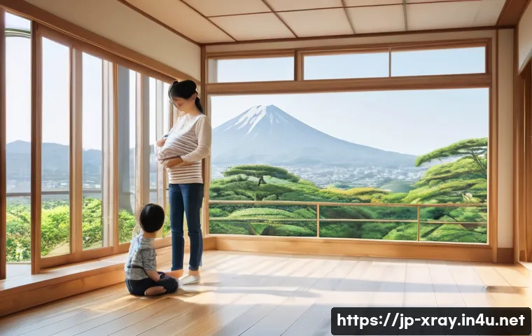 방사선 피폭 관리 방법 - A modern Japanese home interior with large windows open for ventilation, showing a family wearing ca...