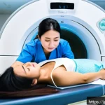 CT 촬영 실무 팁 - A professional medical technologist carefully adjusting the position of a middle-aged Japanese patie...