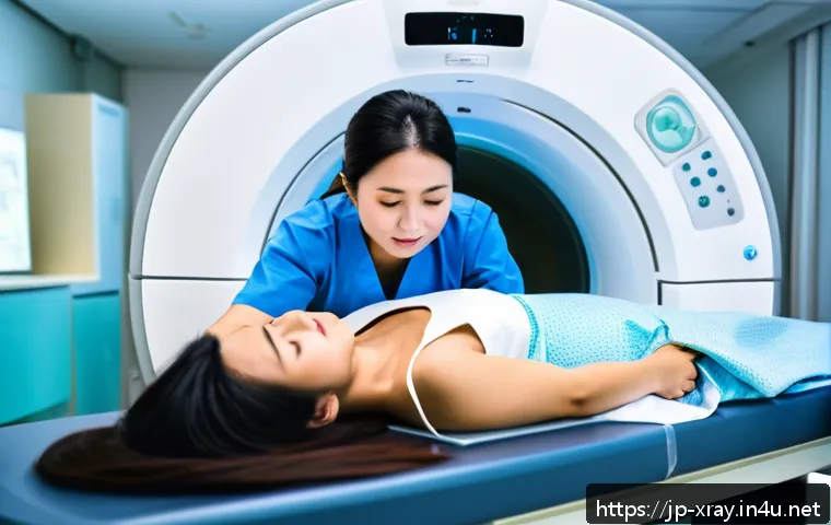 CT 촬영 실무 팁 - A professional medical technologist carefully adjusting the position of a middle-aged Japanese patie...