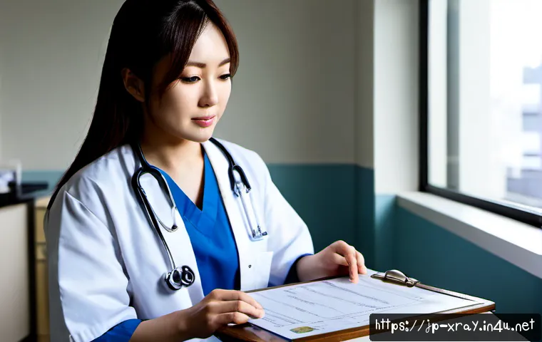 방사선사 경력증명서 준비 방법 - Photorealistic Japanese radiologic technologist in neat professional scrubs and white coat, seated a...