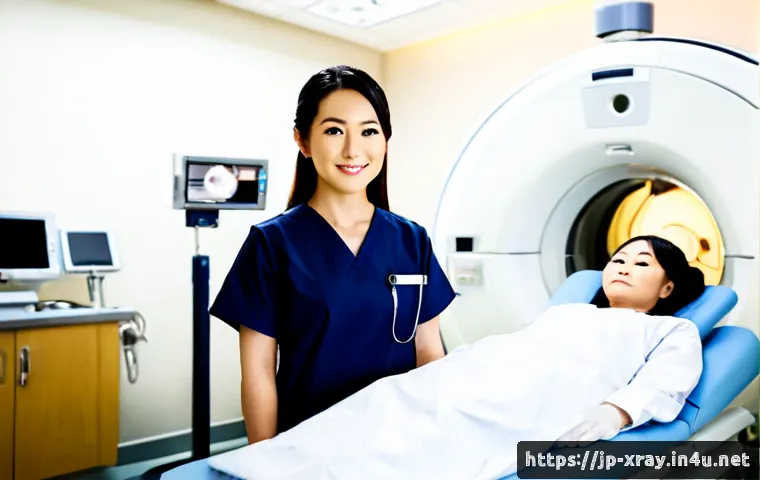 방사선사 취업 성공 사례 - Photorealistic Japanese radiologic technologist in neat navy scrubs standing confidently beside a mo...